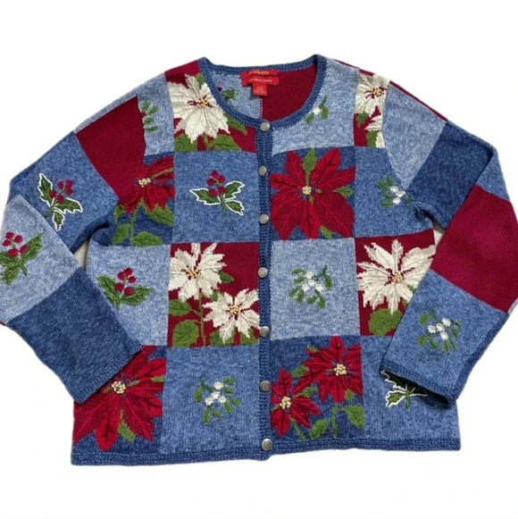 Northern Isles Vintage Christmas Holiday Poinsettia Patchwork Cardigan Size M - Picture 3 of 11